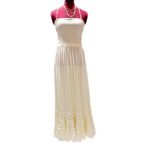 Cream Free Spirit Smocked Top Strap Backless Halter Tie Tiered Boho Dress Small
